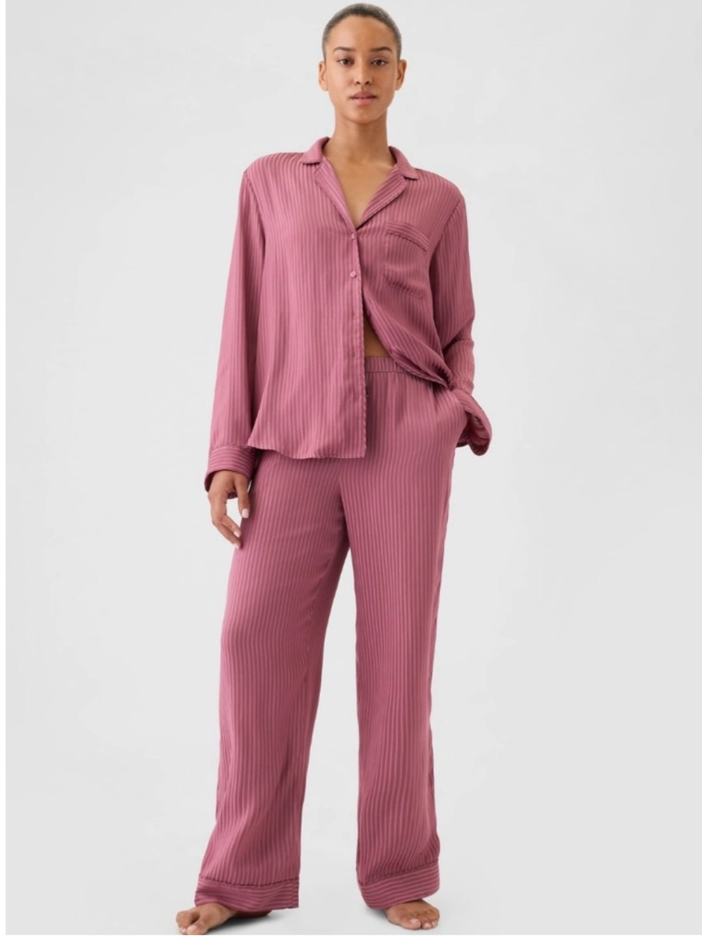 GAP Body Pink Satin Striped Pajamas Set